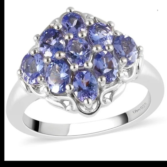 Tanzanite Cluster Ring Platinum Over Sterling Silver Size 6 - Picture 1 of 10